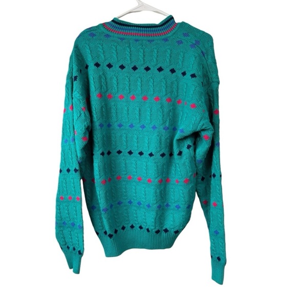 Vintage 80s 90s Izod Size Medium Cable Knit Tennis Sweater Teal Diamond V-Neck - Picture 2 of 6